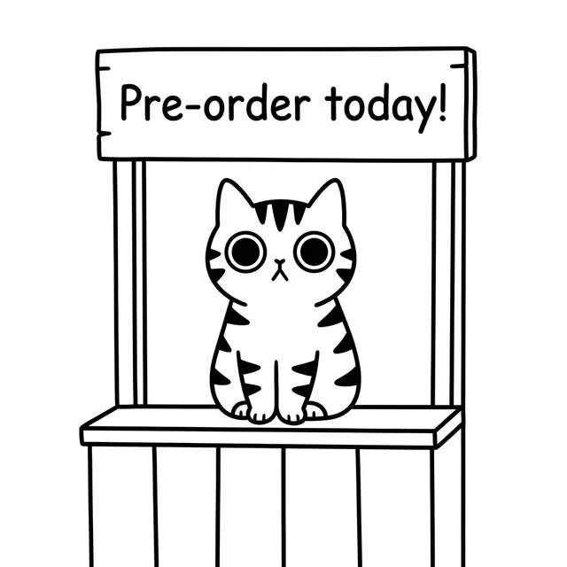 Line drawing of a tabby cat sitting at a small stall under a sign that says Pre-order today!