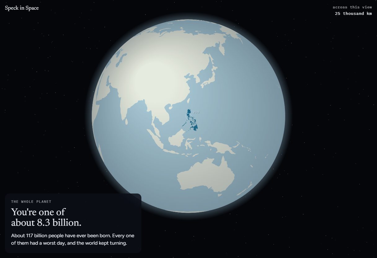 Speck in Space: the whole Earth from space, captioned You're one of about 8.3 billion